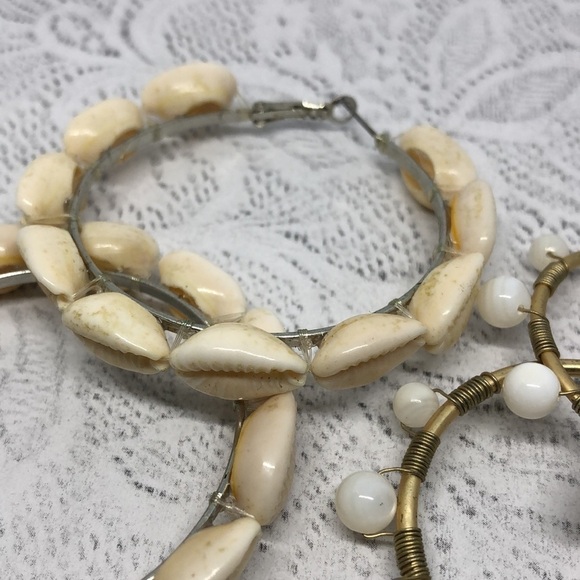 Artisan boho beach summer vacation style earrings shell mop round hoop statement - Picture 2 of 7